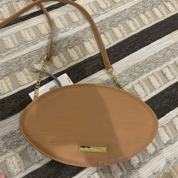 Betsey Johnson Brown Football-Shaped Crossbody Bag with Patches - Picture 3 of 3